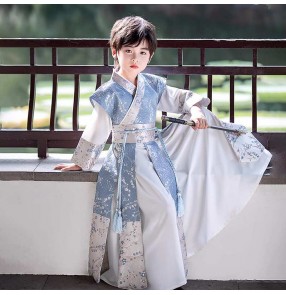 Boys hanfu blue color chinese traditional Han tang prince swordsman photos robe stage performance cosplay costumes for kids
